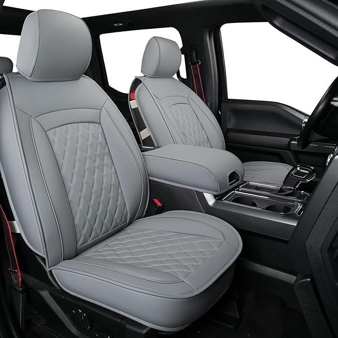 LUCKYMAN CLUB F150 Faux Leather Seat Covers Fit for 2015-2025 F150 and 2017-2025 F250 F350 F450 Pickup Trucks(Full Set, Gray)