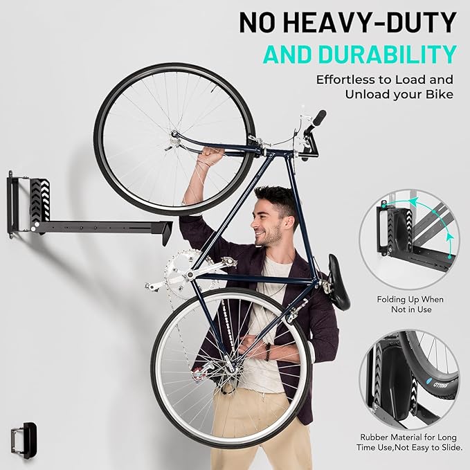 Swivel Bike Rack Wall Mount, Bike Hangers for Garage, Space-Saving Vertical Bike Holder, Holds up to 77 lbs, Bicycle Wall Hanger Storage, No Heavy Lifting Required Indoor Hanging Bike Rack-Black