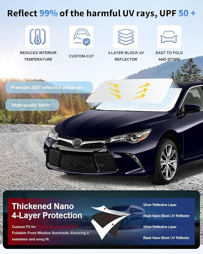 Custom-fit for Toyota Camry 2012-2016 2017 Windshield Sun Shade Block UV Rays Foldable Sun Visor SunShades 240T Reflective Fabric UV Protection Auto Car Interior Accessories