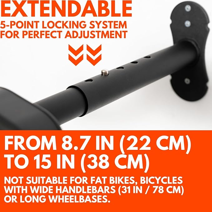 Bike Wall Mount - Horizontal Wall Hanger, Adjustable Design for Road, Mountain and Hybrid Bikes up to 48.5 lbs - Space-Saving Bike Rack for Garage or Apartment - Sturdy Indoor Bicycle Storage
