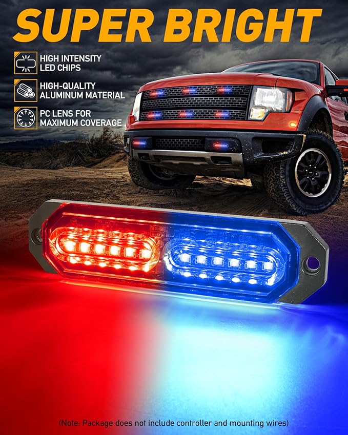 HLauto 1200T Emergency Strobe Grille Lights: 8pcs 12 LED Sync Feature Safety Warning Flashing Lights, Ultra Slim Surface Mount Hazard Caution Lights for Trucks, Vehicles, Car, ATV, UTV (Red Blue)