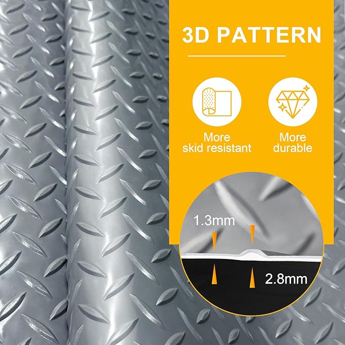 7.5x25 FT Garage Floor Mat, 2.8mm Thickened Flooring Roll for Under Car with 20Pcs Tapes, 188SQFT Diamond Plate Non-Slip Floor Protector Mat for Garage, Warehouse, Gyms, Trailer(Grey)