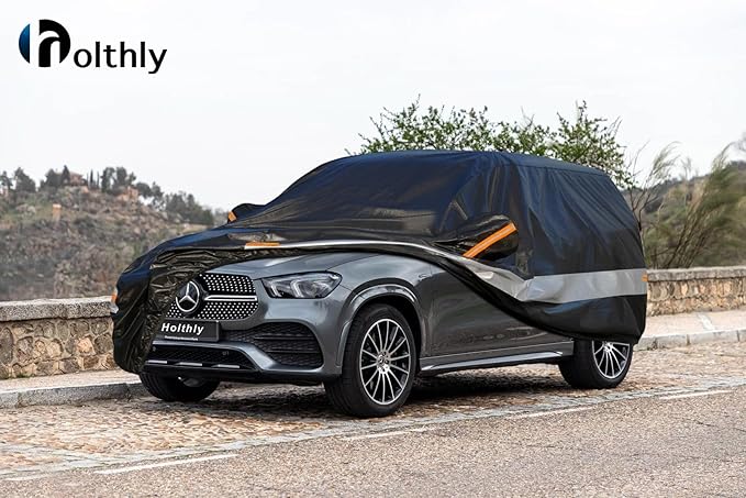 Holhtly SUV Car Cover Custom Fit for Mercedes Benz GLE350 GLE400 GLE450 GLE43 GLE53 GLE63, Outdoor Car Covers for Automobiles All Weather Waterproof Sun Snow Rain Wind Dust Protection, Black & Grey