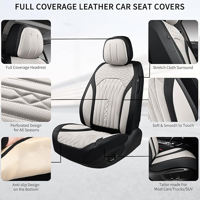 Car Seat Covers Full Set, Leather Seat Covers for Cars, Car Seat Protector Waterproof, Non-Slip Car Interior Covers Fit for Most Cars, SUV, Vans, Trucks,2Seats,Full Set,Black-White