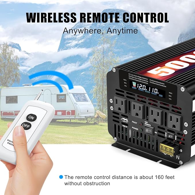LVYUAN 5000 Watt Power Inverter 12V to 110V 120V for Vehicle, Solar Inverter System, Heavy Duty, RV, Truck, Off Grid,Camping with 4 AC Outlets, LCD Display, Wireless Remote Control, Car Power Inverter