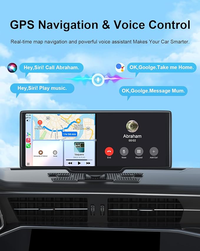 Portable Carplay Screen 10.26'' HD IPS Apple Carplay & Android Auto Screen for Car, Wireless Car Play Stereo with 4K Dash Cam/1080P Rear Camera, Car Audio Receivers,GPS Navigation,Mirror Link,FM,Siri