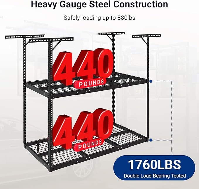 FLEXIMOUNTS 3x6 2-Tier Overhead Garage Storage Rack – Adjustable Heavy Duty Metal Garage Ceiling Storage Racks, 880 lbs Capacity – Garages Organization System for 10–15 ft Tall Garages, Black