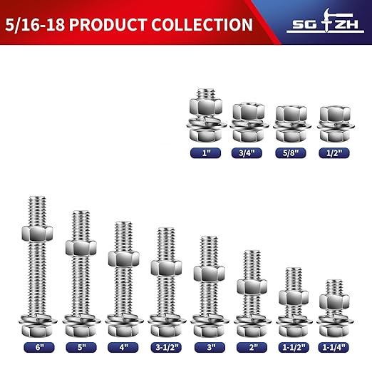 5/16-18 x 3" Hex Head Screw Bolt, Nuts, Flat & Lock Washers, 20Pcs 18-8 (304) Stainless Steel, Fully Threaded, by SG TZH