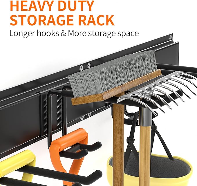 Garage Tool Organizer Wall Mount 11 PCS Garden Tool Organizer Adjustable Garage Organizers with 8 Heavy Duty Hooks, Max Load 500lbs Garage Storage for Yard Garden Tools, Shovels, Trimmers, Hoses