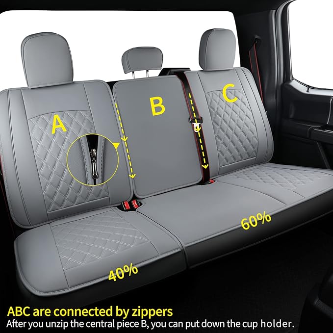 LUCKYMAN CLUB F150 Faux Leather Seat Covers Fit for 2015-2025 F150 and 2017-2025 F250 F350 F450 Pickup Trucks(Full Set, Gray)