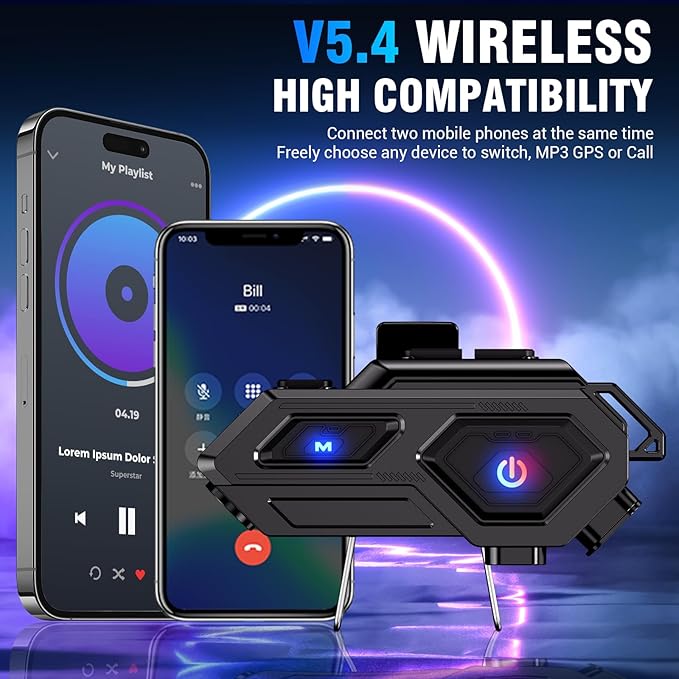 Motorcycle Bluetooth Headset, C8 Helmet Bluetooth Headset with 2 Type Mics, Hands-Free Call/Music/IPX6/Noise Cancellation/Wake Up Siri/Can Connect Two Mobile Phones, Motorcycle Helmet Speakers