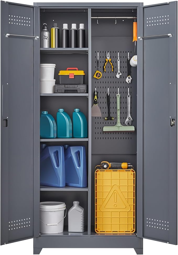 GREATMEET 72.8" Broom Storage Cabinet，Metal Storage Cabinets for Cleaning Supplies with Pegboard, Utility Closet, Broom Mop Cabinet, Grey