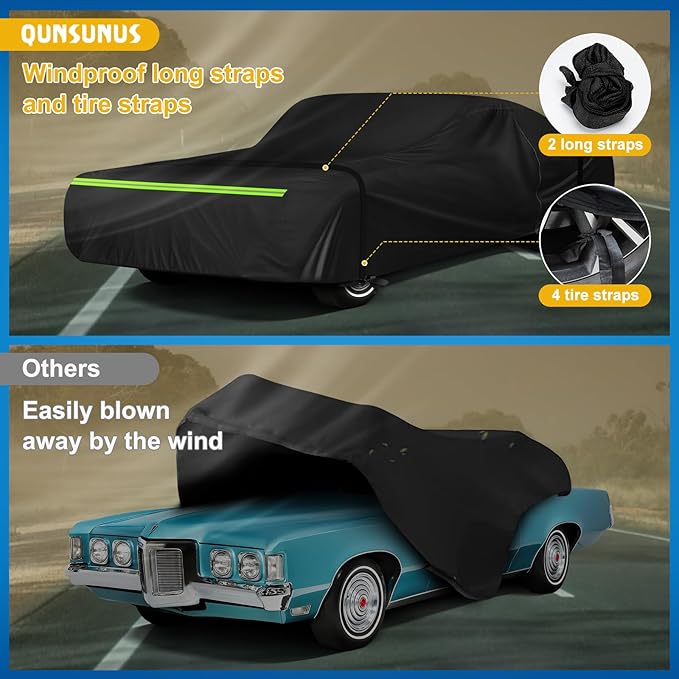 QUNSUNUS Waterproof Car Cover for Pontiac Grand Prix 1962-1977, Outdoor Car Covers with Zipper, All Weather Cover with Straps and Elastic Edges for Wind, Sun, UV and Dust Protection