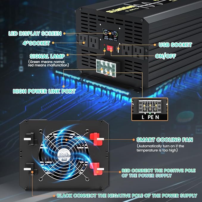 5000W/10000W(Peak) Pure Sine Wave Car Power Inverter 12V DC to 120V AC 60HZ with LCD Display, USB Port, Wireless Remote Control（10M) for Car Home Laptop Truck