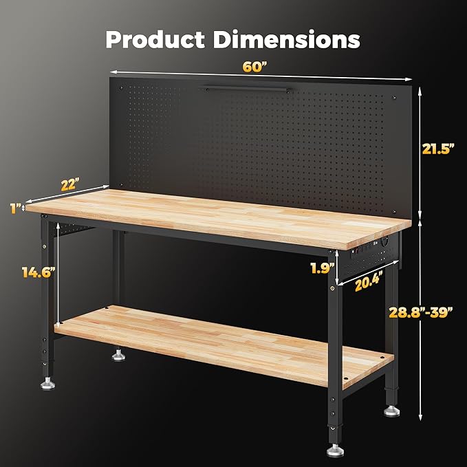 60" Work Bench Adjustable Height with Storage Shelf, Max Load 2000 LBS Heavy Duty Rubberwood Tabletop with Pegboard, LED Light, Built-in Power Strip for Woodworking Shop, Garage, Home