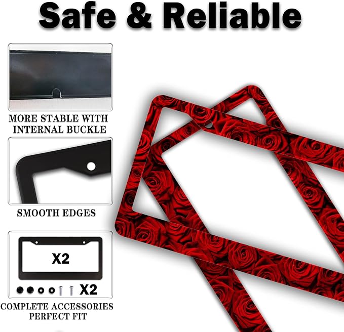 License Plate Frame Red License Plate Protector American Rose Red Rose Flower Aluminum Metal Car Accessory 2 Pack with Screw Covers Set