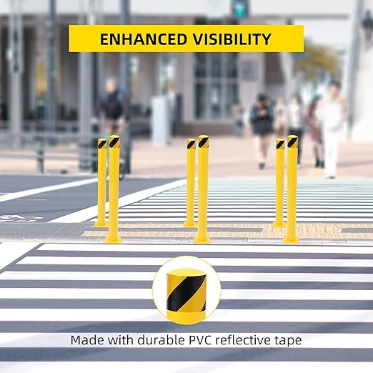 4-Pack Heavy Duty Safety Bollards, 48" Height, 4.5" Diameter Steel Pipe Bollard Post with 16 Anchor Bolts, High-Visibility Yellow Parking Bollard for Traffic Control, Warehouses, & Pedestrian Safety