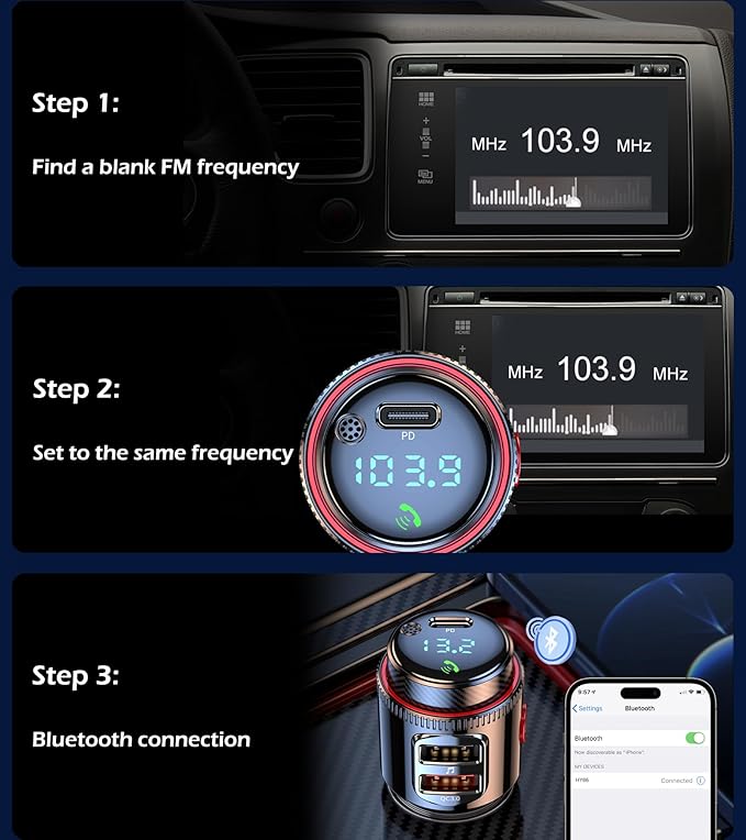Bluetooth Car Adapter, Wireless AUX FM Transmitter, USB C&QC3.0 Dual Fast Charging, Cigarette Lighter Radio Music, Supports Hands-Free Siri Google Assistant & USB Drive, HiFi Bass Sound