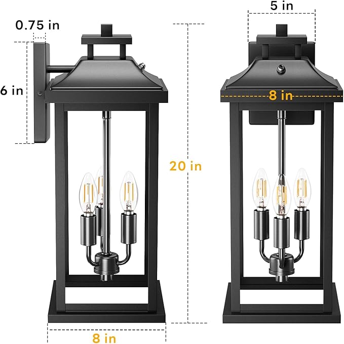 20" Large Dusk to Dawn Exterior Wall Light Fixture 3-Light, Black Outdoor Porch Lantern Wall Mounted, Waterproof Modern Outside Wall Sconce Garage Patio Coach Lamp for House, E12