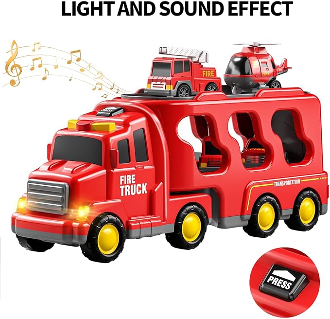 TEMI Fire Toys for 3 4 5 6 Years Old Boys Girls - 5 in 1 Carrier Truck Transport for Toddlers 1-3, Friction Powered Vehicles for Kids 3-5, Christmas Birthday Gifts - Age 3-9