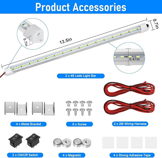 Linkstyle 2PCS 12V Interior LED Light Bar, 48 LEDs Slim Light Strip w/Switch, for Car Trailer Truck RV Van Boat, 6500K
