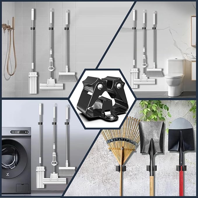3-H Stainless Steel Broom Holder Wall Mount 50-Pack- Heavy Duty Mop Organizer, Wall Mounted Broom Storage with Secure Mounting for Kitchen Laundry Garage Bathroom (Space Saving)