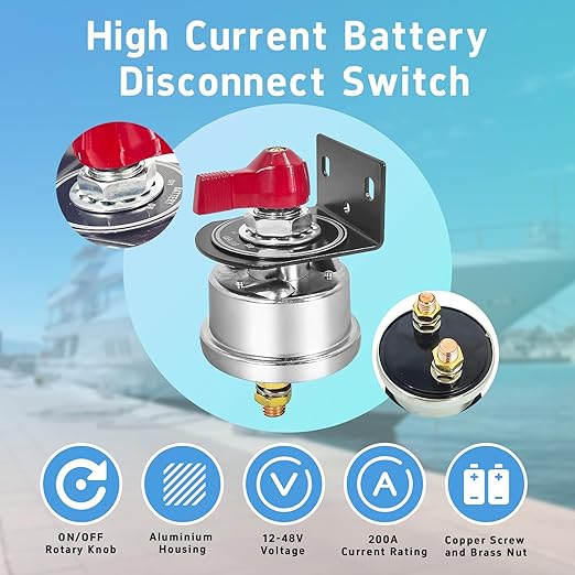High Current Battery Disconnect Switch 200A,12-48V Battery Power Cut Off Isolator Switch with Face Plate for Car Yacht ATV RV Truck(Red)