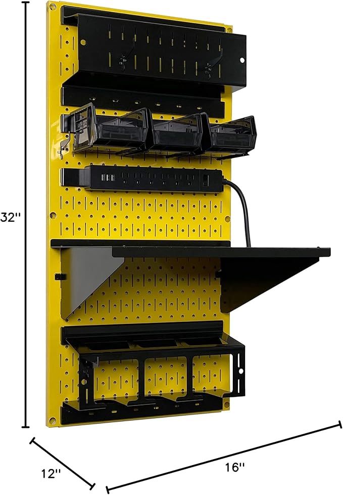 Wall Control Power Tool Storage Organizer Kit Cordless Drill Holder Charging Station Rack 16” x 32” Metal Pegboard Organization System (Yellow Pegboard)
