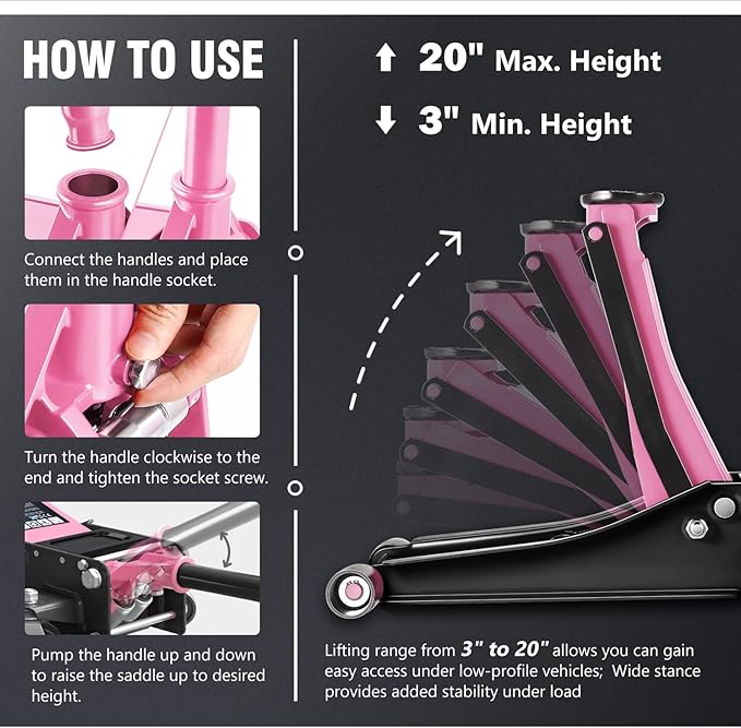 DNA MOTORING Low Profile Hydraulic Trolley Service/Floor Jack, 3 Ton (6000 lbs) Capacity, Lifting Range 3"-20", Pink, TOOLS-00475-PK