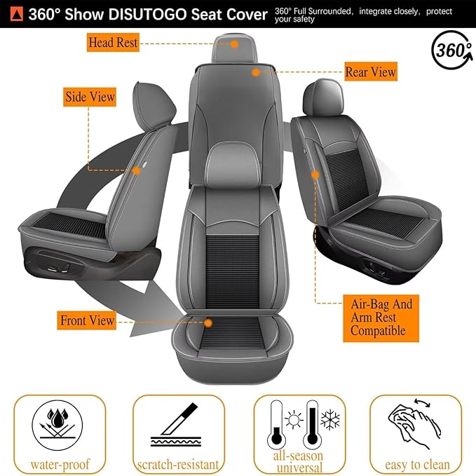 Seat Covers Fit for Toyota Camry: 2012-2025 Car Seat Covers Full Set 5 Seats Leather Ice Silk Breathable Waterproof Automotive Seat Cushion Protector (Black & Gray)