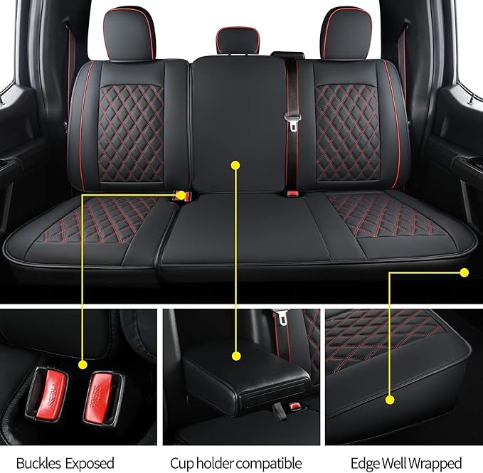 LUCKYMAN CLUB F150 Seat Covers Fit for 2010-2014 F150 SuperCrew with Waterproof Faux Leather(Full Set, Black&Red)