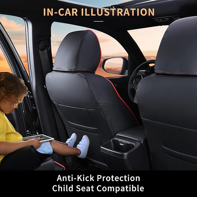 Car Seat Covers Full Set for Toyota Tacoma Double & Crew Cab 2023 2022 2021 2020 2019 2018 2017 2016 Tacoma Interior Accessories Premium Faux Leather Breathable Waterproof (Black+Red Line)