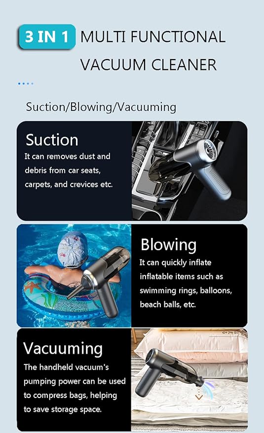 Small Car Vacuum Cleaner Cordless, Ultra Lightweight 0.68LB 3-IN-1 Mini Handheld Vacuum Portable with Strong Suction/Blowing/Vacuuming Air Dusters Type C Port High Power Motor for Home Office Computer