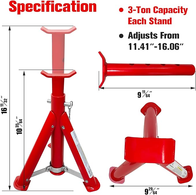 Foldable Jack Stands 3 Ton (6,600 LBs), 11.42"-16.06" Adjustable Height with Mobility Safety Pin,Car Jack Stand for Home&Garage, Workshops,Lifting SUV, Pickup Truck,UTV/ATV, Red, 1 Pair