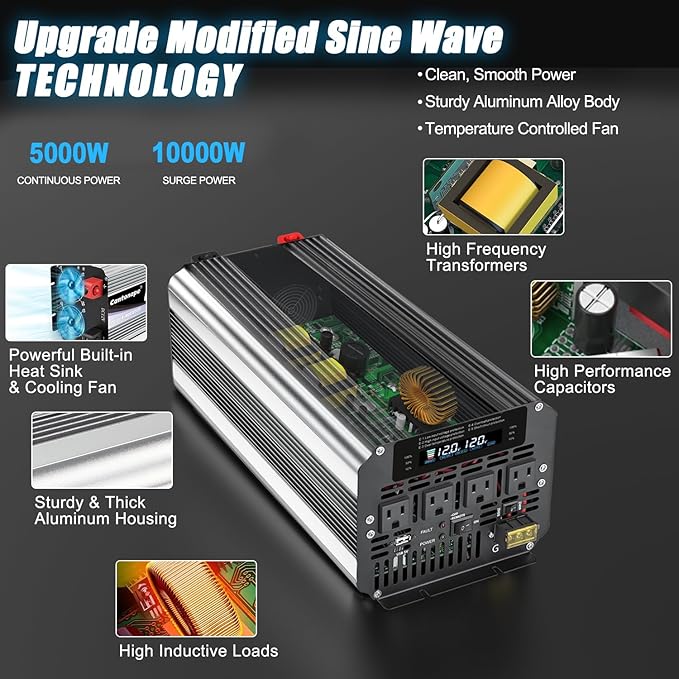 5000W Power Inverter 12V to 110V/120V DC to AC with LCD Display, Remote Controller and 4 x AC Outlets Car Adapter for Car Truck Boat RV Off Grid Solar System