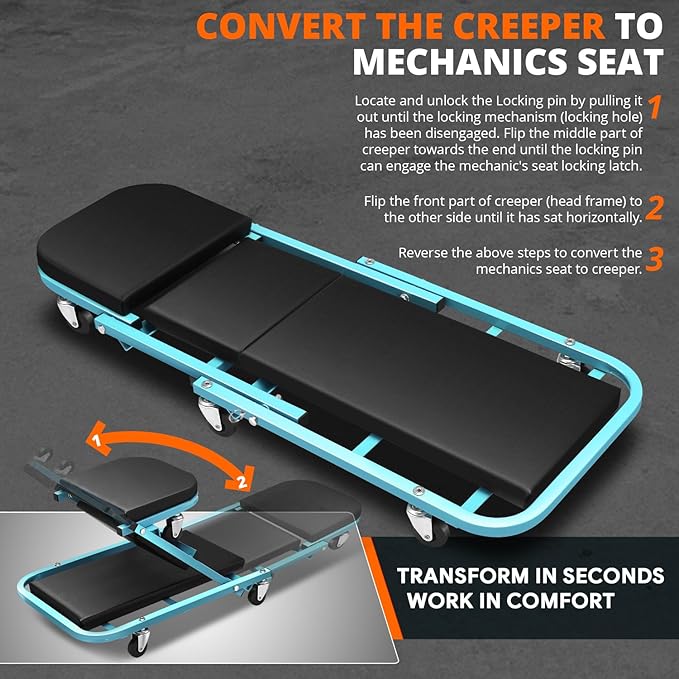 DNA MOTORING 40 Inches Folding 2 in 1 Rolling Z Creeper, Adjustable Roller Garage Chair Lay Down or Sit, 6 Pcs 2" Casters, 150kg Weight Capacity, Tiffany Blue, TOOLS-00187-TB