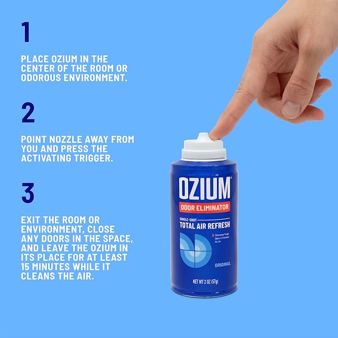 OZIUM Air Freshener Odor Eliminator, 2oz Single Shot Total Air Refresh & Car Air Freshener – Carbon Black – 4 Pack