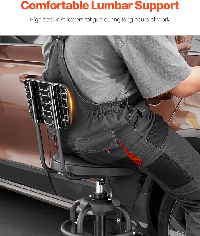 VEVOR Shop Stool with Backrest, Pneumatic Garage Seat/Work Stool with 300 lbs Capacity, Adjustable Height Roller Creeper Seat, 360° Swivel Padded Workshop Stool, for Garage, Shop & Auto Repair, Black