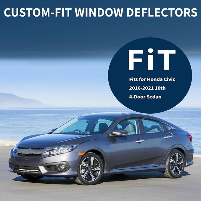 4PCS Rain Guards Window Visors Wind Deflector Fits for Honda Civic 2016-2021 10th 4-Door Sedan, 94682, Outside Mount Vent Shade Shield, 2016 2017 2018 2019 2020 2021
