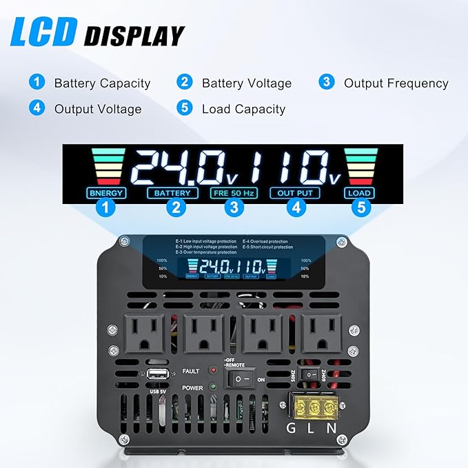 LVYUAN 5000 Watt Power Inverter 24V to 110V 120V for Vehicle, Solar Inverter System, Heavy Duty, RV, Truck, Off Grid,Camping with 4 AC Outlets, LCD Display, Wireless Remote Control, Car Power Inverter