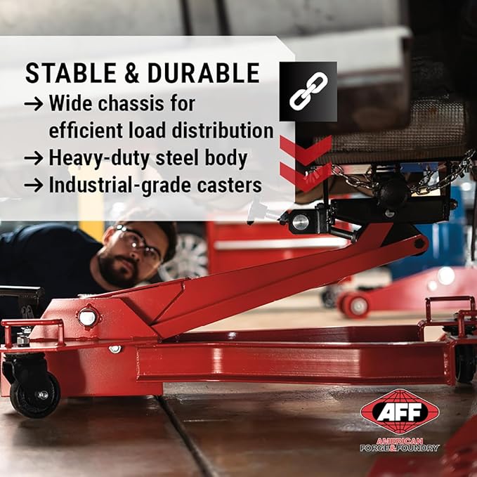 AFF Low Profile Manual Hydraulic Transmission Jack - Heavy Duty Steel Body, Adjustable Saddle with Safety Chain & 360 Handle - for Transmissions, Transfer Cases & Differentials (Multiple Capacities)