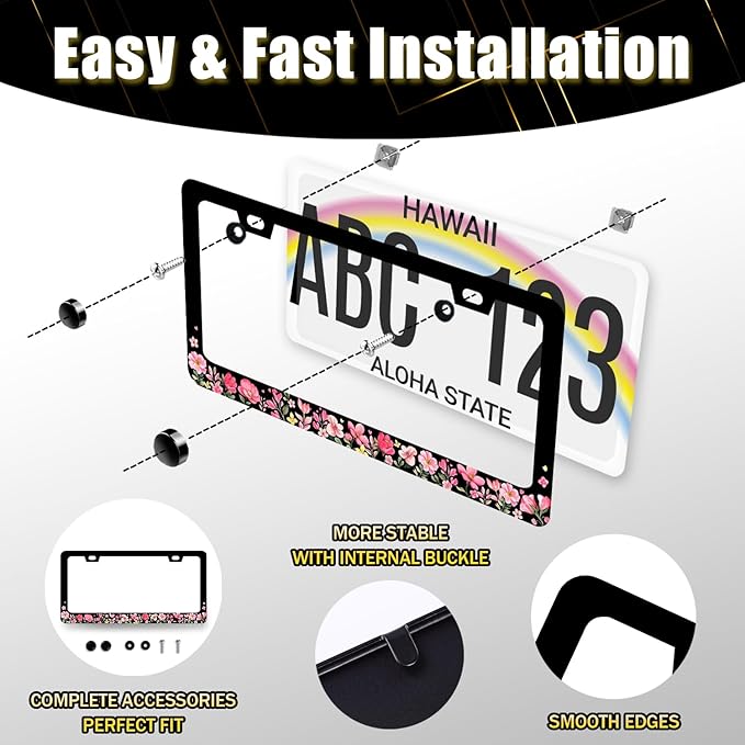 Pink Flowers License Plate Frame Colorful Floral Flower License Plate Stainless Steel Women Accessories Cars Decor 12.2 X 6.2 Inch with 2 Holes and Screws Fits Standard Us Ca Vehicles