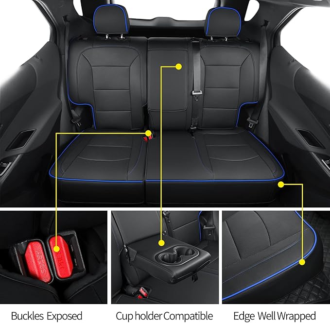 RISINGSTAR Terrain Seat Covers, fit for 2018-2024 GMC Terrain SUV with Rear Split Seats, Water Proof Faux Leather(Full Set, Black&Blue)