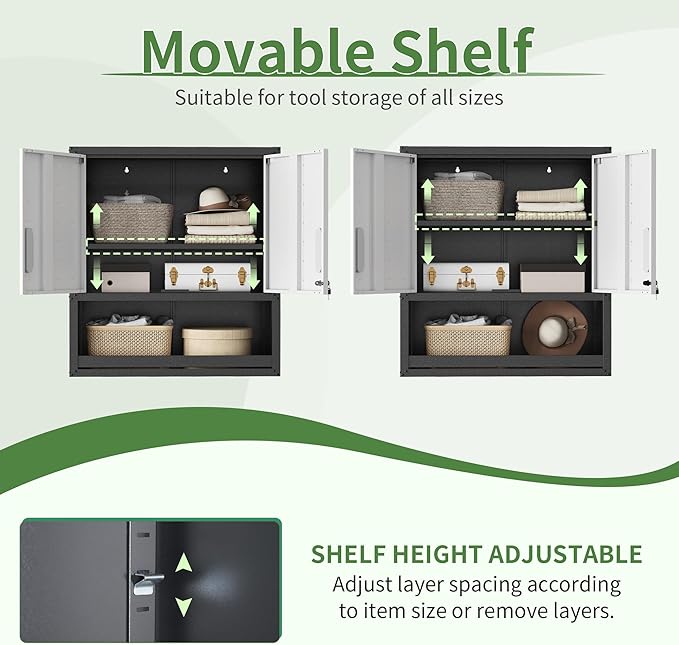 Garage Wall Cabinet,Metal Wall Cabinet with Doors and Adjustable Shelves,Steel Utility Wall Mounted Tool Cabinets for Home,Office,Kitchen,Warehouse