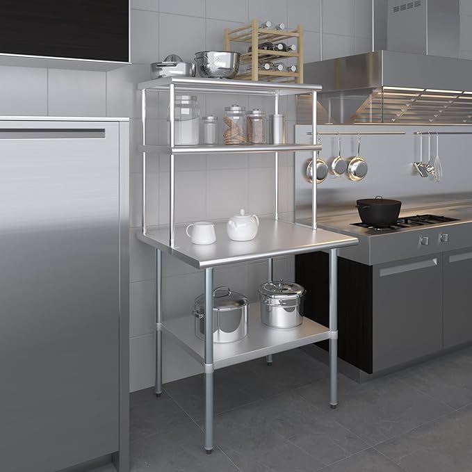 Amgood Stainless Steel Work Table Double Tier Overshelf | Metal Kitchen Prep Table & Shelving Combo (30" x 36" Work Table + 18" Overshelf)
