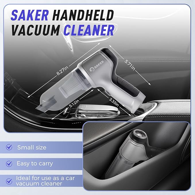 Saker Handheld Vacuum Cleaner Car - Wireless Mini Vacuum Cleaner 3 in 1 Multifunctional Brushless Motor 12000PA with USB-C,Portable Handheld Car Vacuum Cleaner for Keyboard Cleaning, Outdoor and Home
