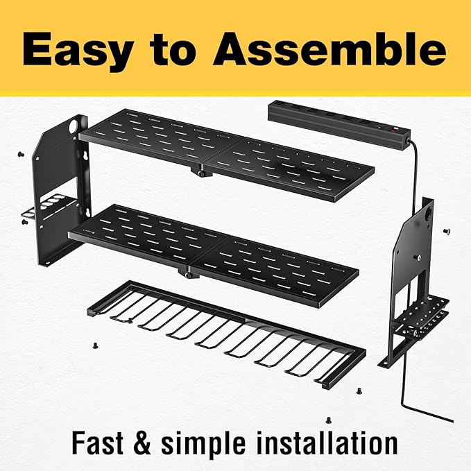 YYR Power Tool Organizer with Charging Station Wall Mount, Cordless Drill and Battery Holder for Garage Organization, Electric Tools Storage Rack Build in Surge Protection Power Strip - Black Shelf