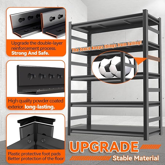 Adjustable Heavy Duty Metal Garage Shelving Unit with Fence, 5-Tier Storage Rack for Garage, Basement, or Warehouse, Durable Steel Shelves for Tools & Equipment, 63" H x 32" W x 16" D, Black