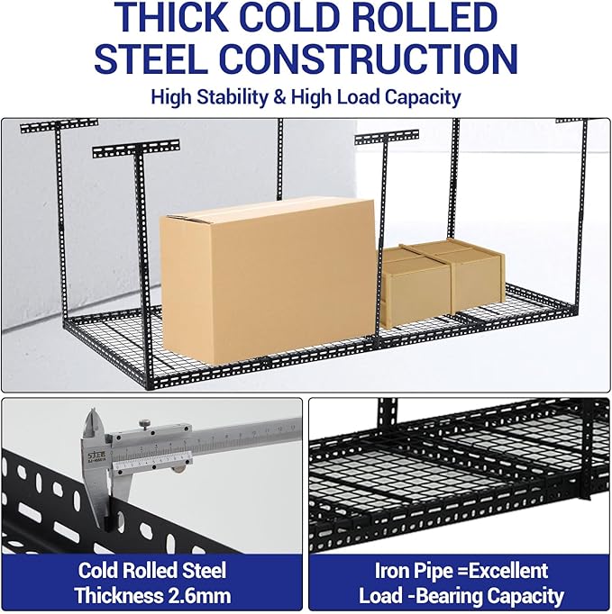 Overhead Garage Storage Rack 4x8 FT, Steel Ceiling Shelves 660lb Capacity, Height Adjustable 22-40 Inches, Space-Saving for Attic Basement Shed (Black, 6 Posts)