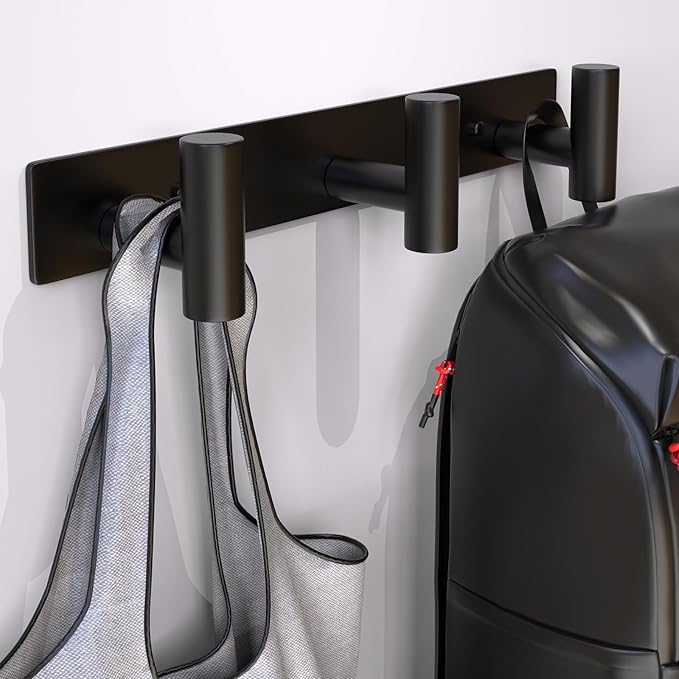 Wall Mounted Coat Rack-3 Hooks, Heavy Duty Stainless Steel Hook Rail for Towel Coat Hat Purse Bag Jacket, Towel Hooks for Entryway Bathroom Kitchen (Black 3 Hooks - 1 Pack)